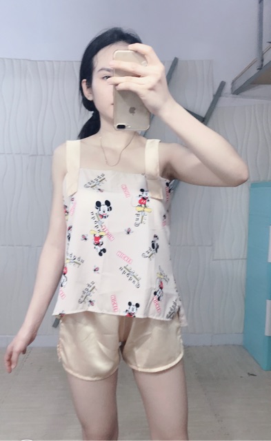 Set hai dây bản to quần đùi lụa satin cao cấp thiết kế