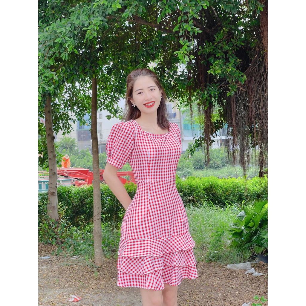 ĐẦM NỮ SUÔNG CARO PHỐI BÈO TẦNG CỰC XINH SANG CHẢNH TIỂU THƯ HÌNH SHOP TỰ CHỤP MẪU MẶC MET 65