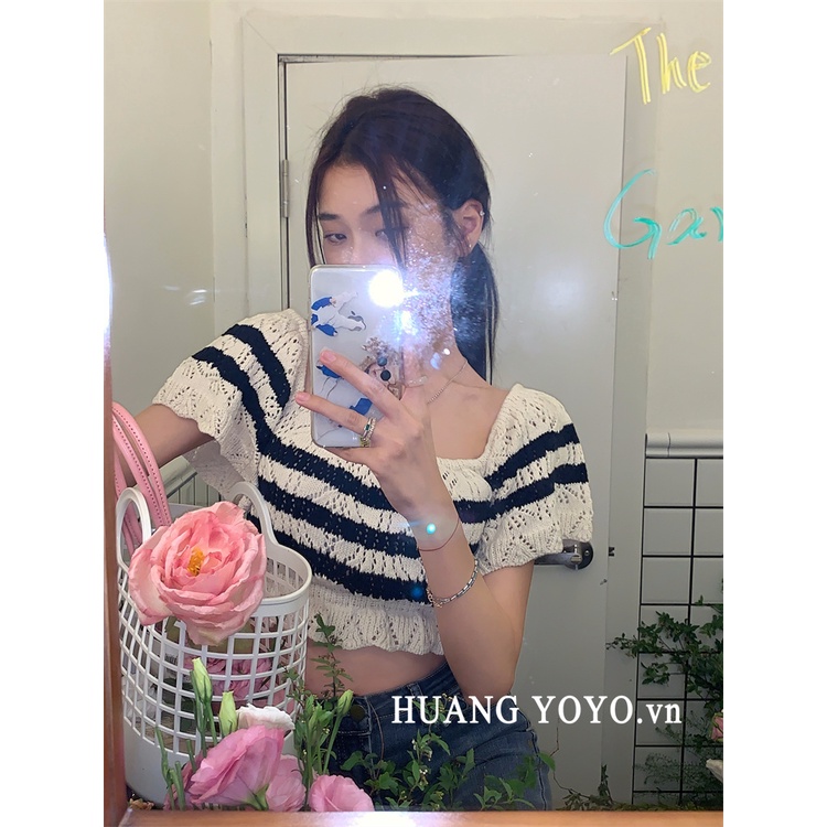 HUANG YOYO Áo Len Tay Ngắn Cổ Vuông Họa Tiết Sọc Thời Trang Phong Cách Hàn Quốc Cho Nữ
