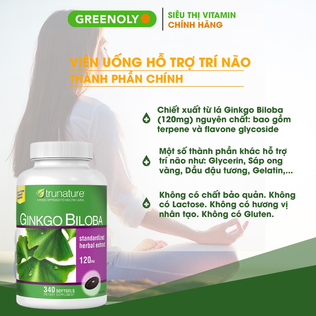 Viên Uống Bổ Não Ginkgo Biloba Trunature 120mg Tuần Hoàn Máu Não Tăng Cường Trí Nhớ Hộp 340 Viên