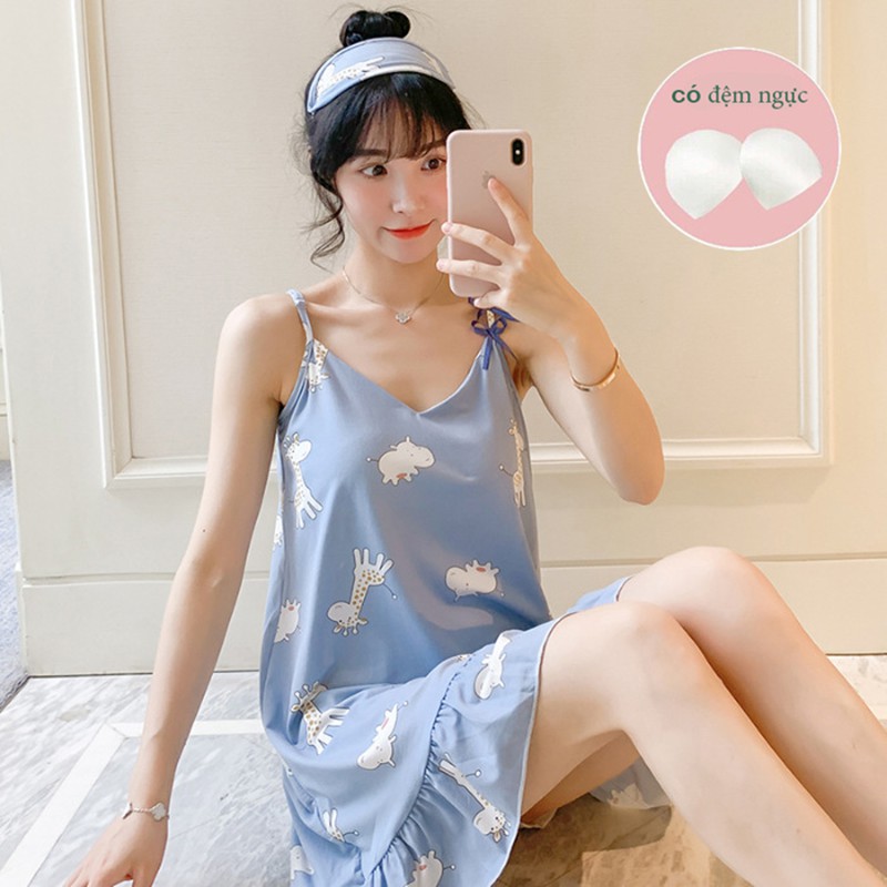 Váy Nữ ❤️FREESHIP❤️ Váy ngủ hai dây sexy, đầm ngủ thun cotton hoạt hình mềm có đệm ngực ( tặng kèm bịt mắt với | WebRaoVat - webraovat.net.vn