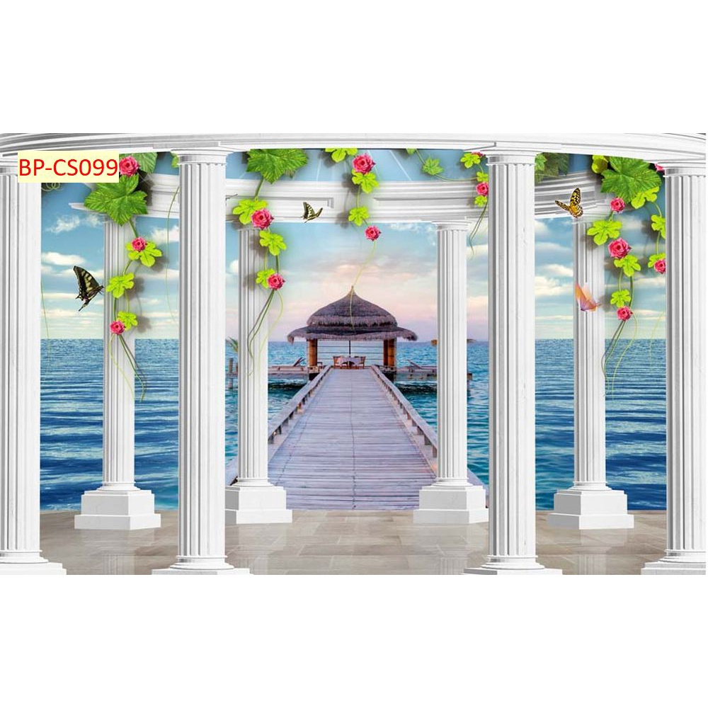 Tranh dán tường cửa sổ phong cách lâu đài, thác nước 3D