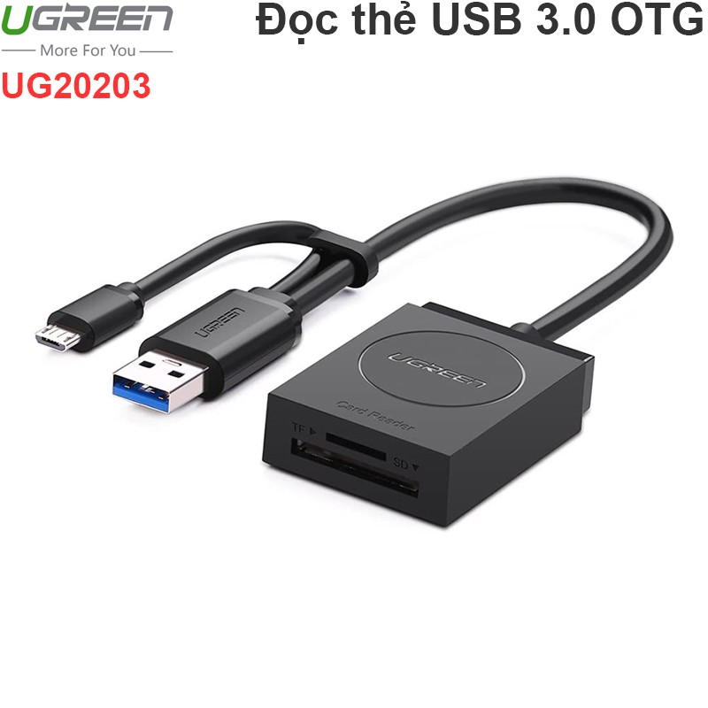 Đầu đọc thẻ TF/SD+OTG micro USB Ugreen 20203 USB3.0 CR127 Chính Hãng màu đen