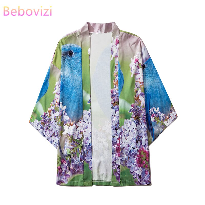 M-XXL 2021 Summer Bird Print Loose Japanese Streetwear Cardigan Women Men Harajuku Haori Kimono Cosplay Top Yukata Mujer