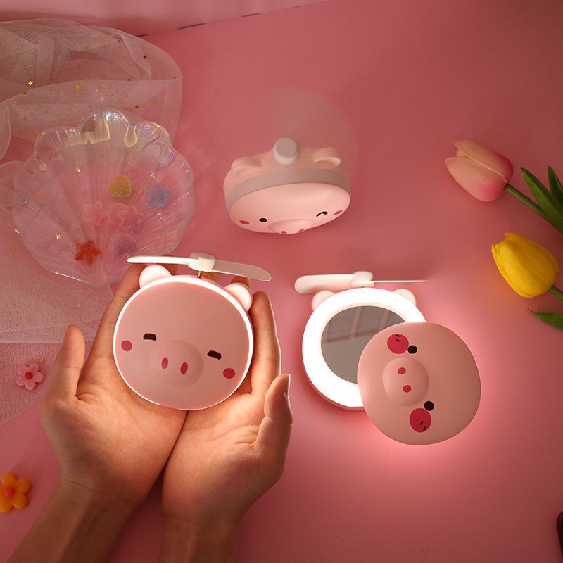 Gương trang điểm Licer LMM-MUL06-PDD có đèn led kèm quạt mini sạc cổng USB họa tiết hoạt hình nhỏ gọn tiện lợi