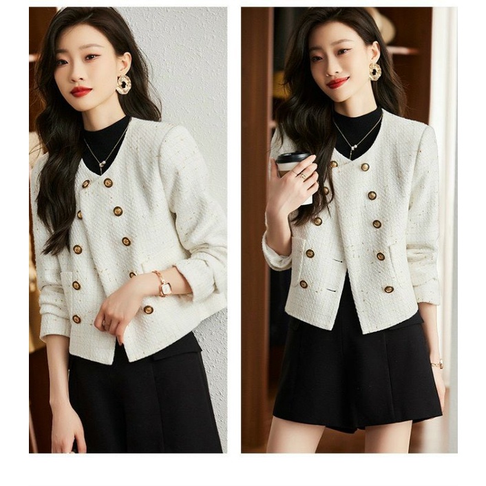 Hàng nhập - Áo khoác dạ Tweet nữ form ngắn cài 2 hàng nút, áo bomber cổ tim tay dài trẻ trung