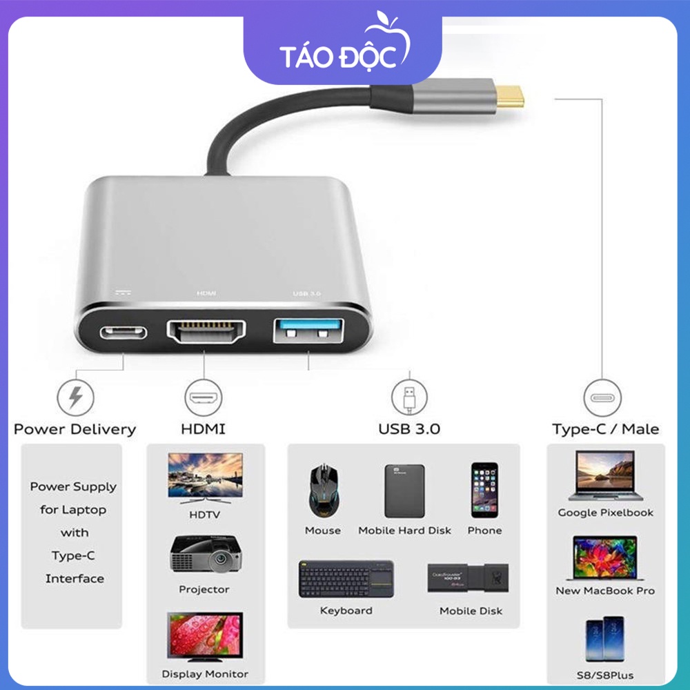 Hub Type C 3in1 - Cổng chuyển đổi HUB USB Type-C to HDMI, USB 3.0, PD Type-C cho Laptop Macbook, Điện thoại, Samsung Dex