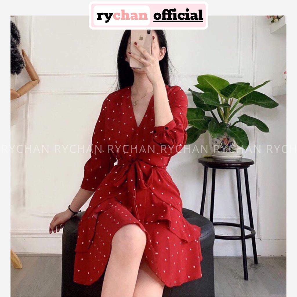 DX667 - Đầm Xòe Chấm Bi Đỏ Cổ V Cột Eo