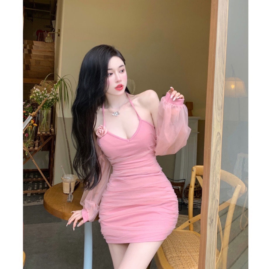 Đầm Tay Phồng Phối Lưới Xếp Ly Ôm Eo Thời Trang Mùa Hè Cho Nữ