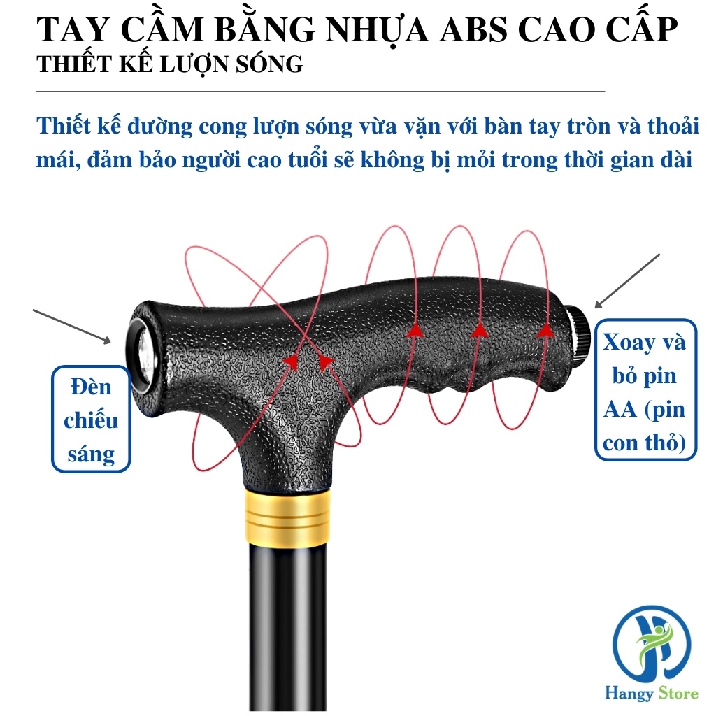 Gậy chống đa năng có đèn pin và tay cầm chống trượt cho người già giúp ông bà đi lại dễ dàng