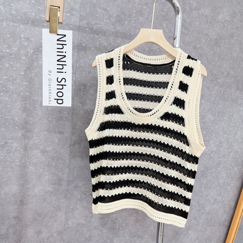 Áo Ba Lỗ Len Mỏng Dệt Kim Croptop Kẻ Sọc Ngang Form Rộng Dáng Suông Mềm Mát TAN139