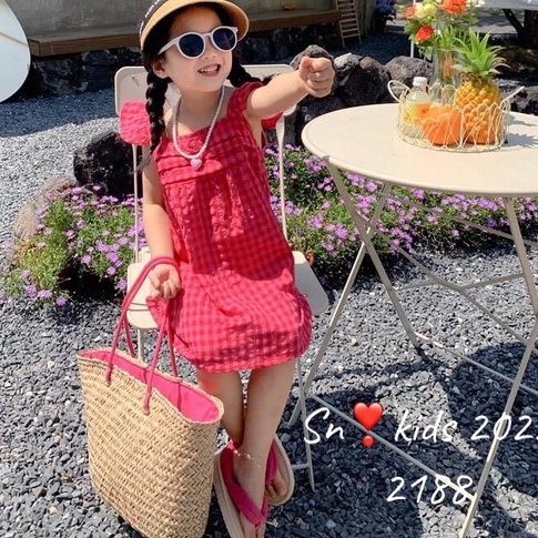 VÁY KẺ CARO ĐỎ CÁNH TIÊN BUỘC NƠ PHÍA SAU LƯNG