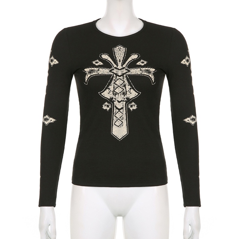 Áo Thun Tay Dài In Chữ Thập Phong Cách Vintage Thời Trang Mùa Thu Cho Nữ