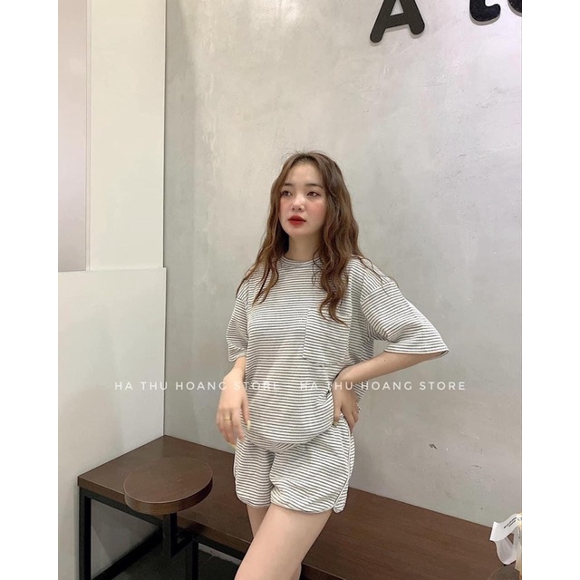 Set Bộ Thể Thao Kẻ Cộc Tay Nữ  🌸 Bộ Short Đùi Áo Form Rộng Tay Lỡ, Sooc Phông Mặc Ở Nhà Ulzzang 🌸