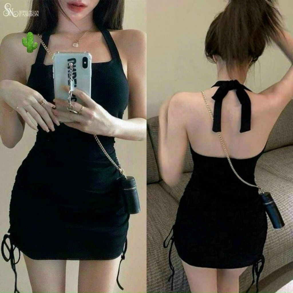 đầm yếm đeo cổ phối rút dây 2 bên sườn nhún chất bozip p