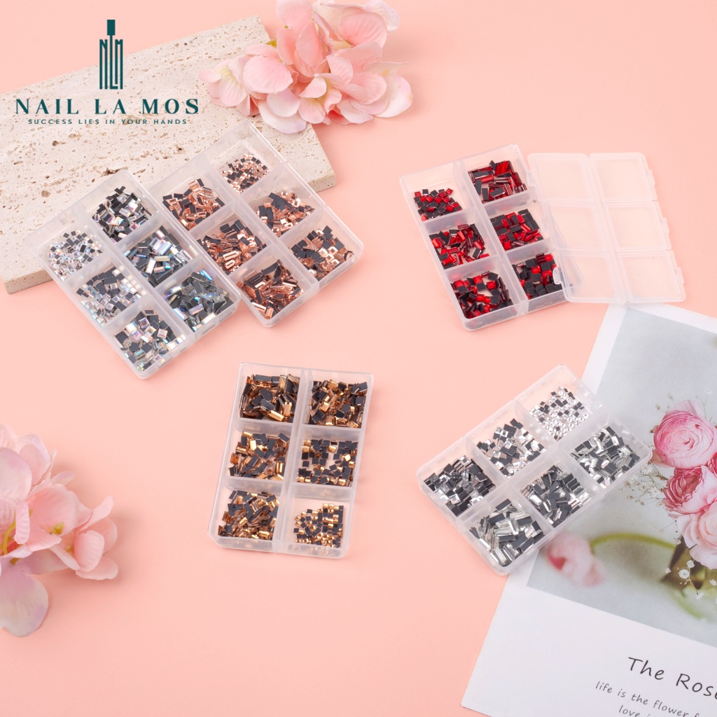 Khay đá khối chân keo đính móng - Đá nail chân bằng mix size chữ nhật, vuông 6 ngăn nhiều màu sang chảnh