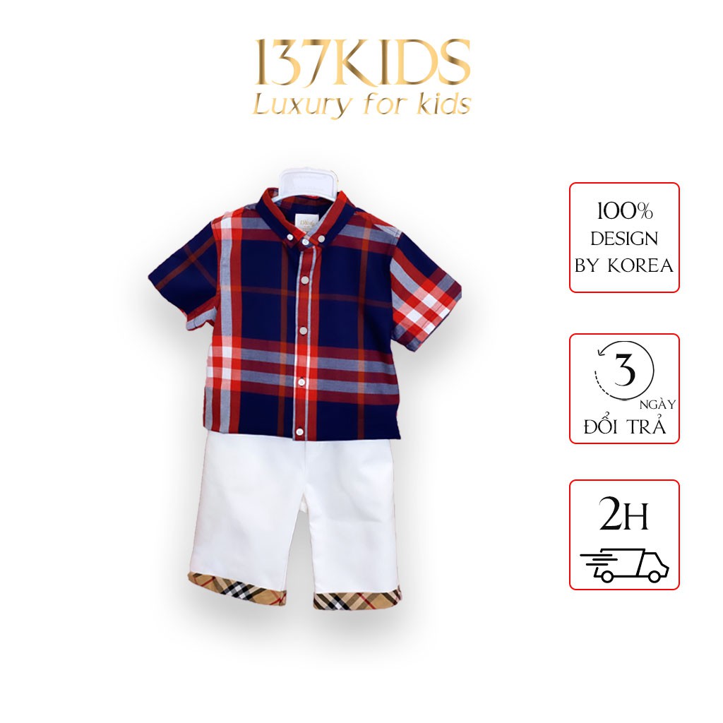 Áo sơ mi bé trai burberry xanh than kẻ caro đỏ 137Kid thiết kế cho bé trai