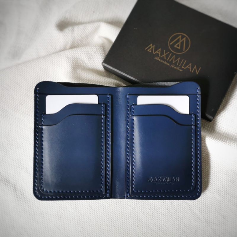 VÍ ĐỨNG XANH NAVY BO VIỀN- DA BÒ PULLUP THẬT 100%