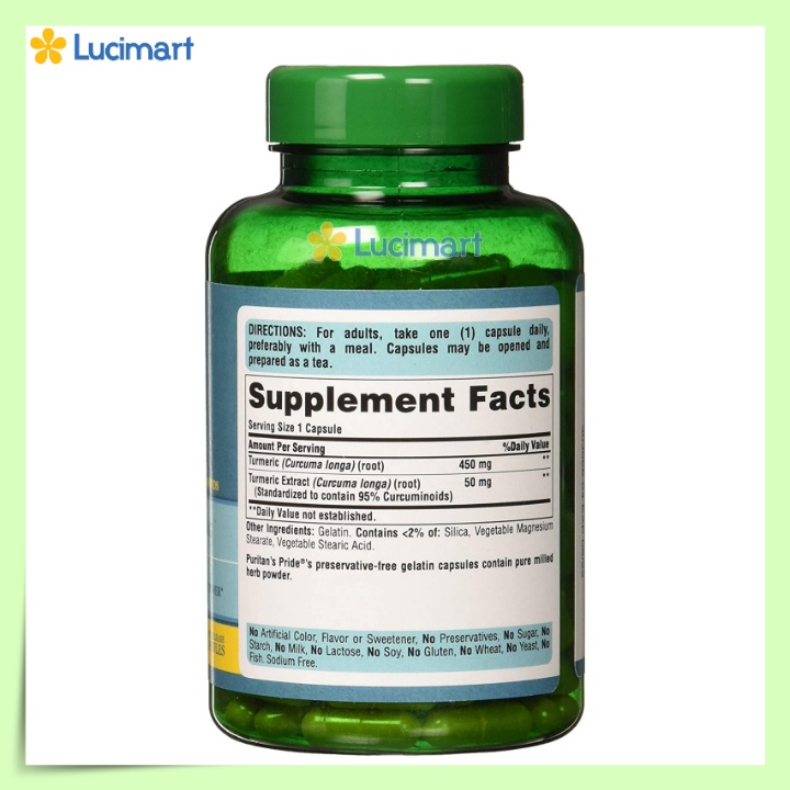 Tinh bột nghệ vàng Turmeric Curcumin 500mg Puritan's Pride hộp 180 viên [Hàng Mỹ hạn dùng 2024]