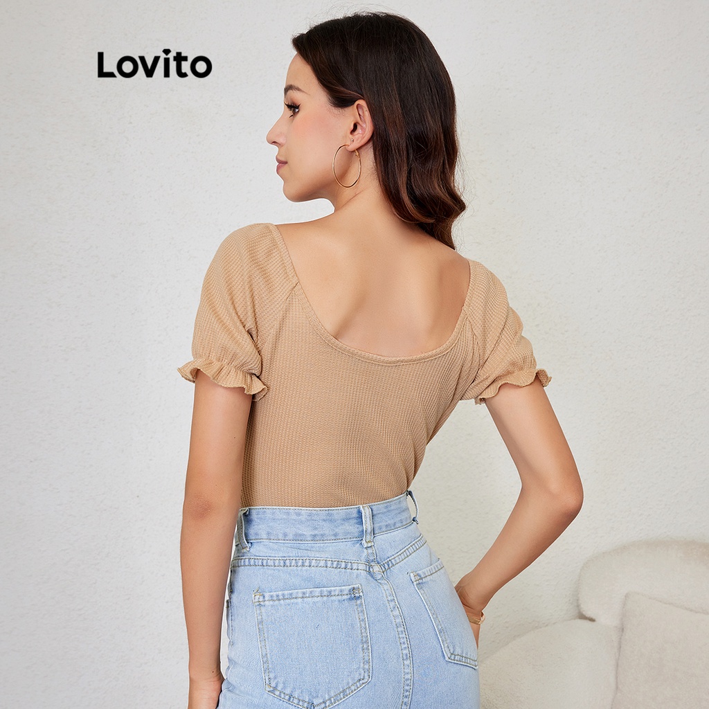 Lovito Áo tắm trơn trơn có cổ chữ V L24LD001 (Nâu đỏ)