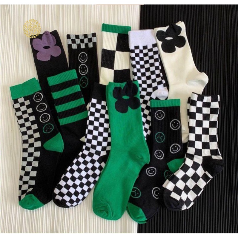 Vớ cotton Cổ Cao Kẻ Sọc Caro/smiling Cổ Cao Thời Trang Phong Cách Nhật Bản Cho Nữ YKD