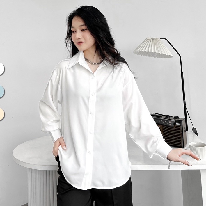 Áo Sơ Mi Nữ Form Rộng Dài Tay Cotton Lụa Hàn Unisex Màu Trắng Kiểu sơ mi nữ dáng rộng Bigsize Ulzzang cổ bẻ v đi học đẹp