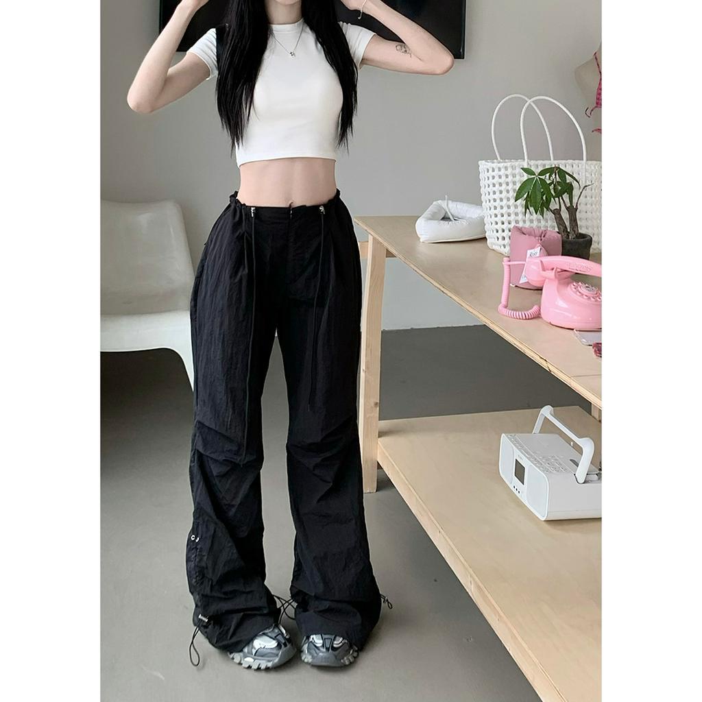 qkoole Quần ống rộng Lưng Cao Dây Rút Phong Cách Mỹ Thời Trang Mùa Hè Cho Nữ