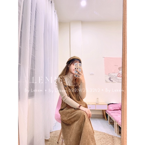 Sét Yếm Váy Nhung Tăm Kèm Áo Len Cổ 3p S048 Phong Cách Ulzzang Hàn Quốc - Yếm Chun Vai Có Túi Trước Ảnh Thật Lekemqc
