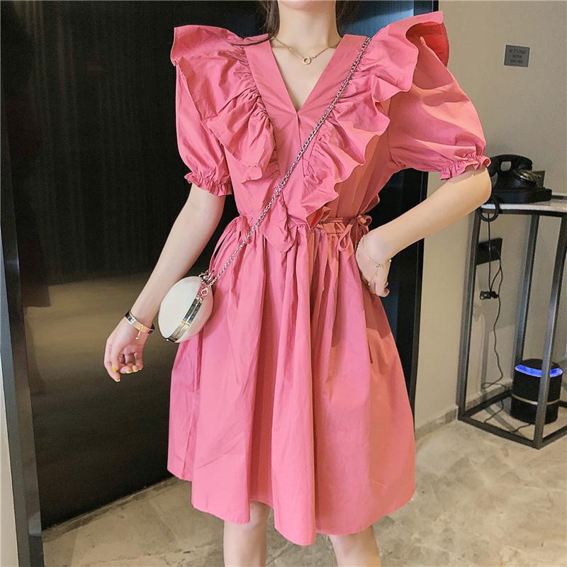 Đầm Ngắn Tay Phồng Cổ Chữ v Eo Cao Ôm Dáng Phong Cách Retro Pháp Thời Trang Mùa Hè Dành Cho Nữ