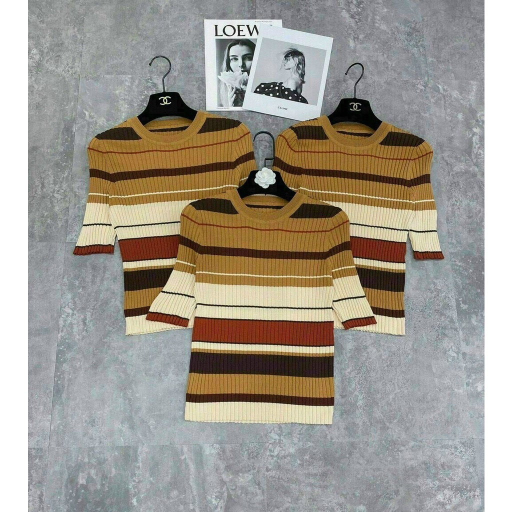 Áo len kẻ cổ tròn cộc tay