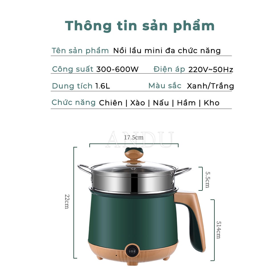 Nồi Lẩu Mini 2 Tầng Có Xửng Hấp, Ca Nấu Mì Vân Đá Chống Dính Đa Năng