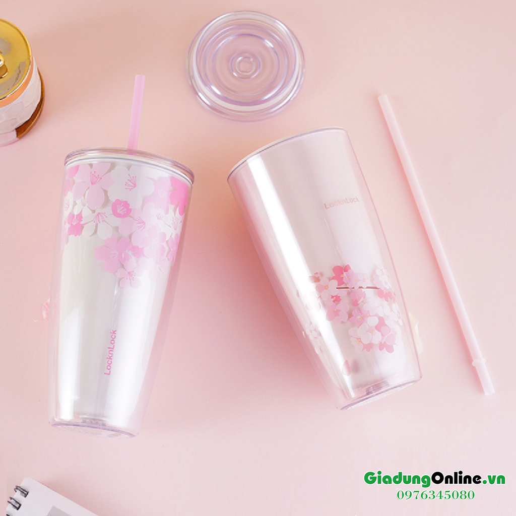 Ly Nhựa 2 lớp LocknLock Cherry Blossom Kèm Ống Hút HAP509WHT / HAP509PIK 750ml - Hàng chính hãng