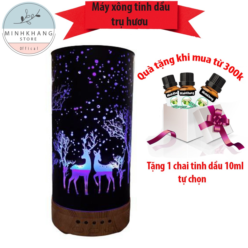 Máy xông tinh dầu - khuếch tán tinh dầu hình trụ họa tiết hươu 3D siêu lung linh xoay tròn, 7 màu đèn led