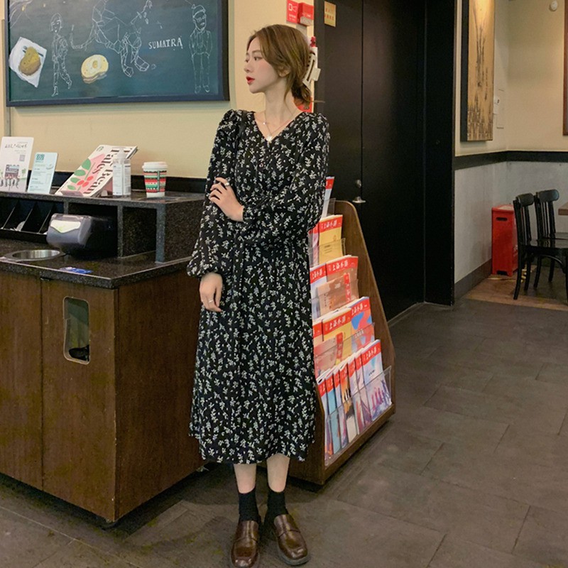 Váy babydoll dáng dài đầm hoa nhí trắng đen hàn quốc dài tay vintage tiểu thư đẹp kozoda D9 | BigBuy360 - bigbuy360.vn