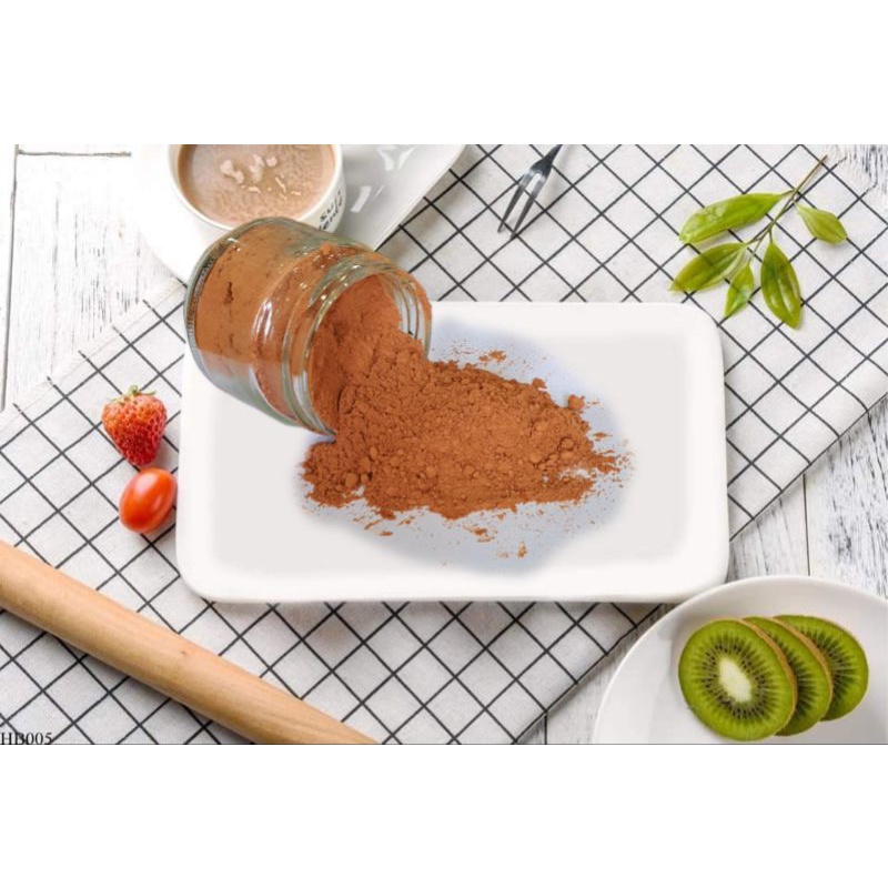 Bột ca cao Việt Nam nguyên chất, tỷ lệ bơ 20%, màu nâu sáng, có vị chua nhẹ và đắng nhẹ