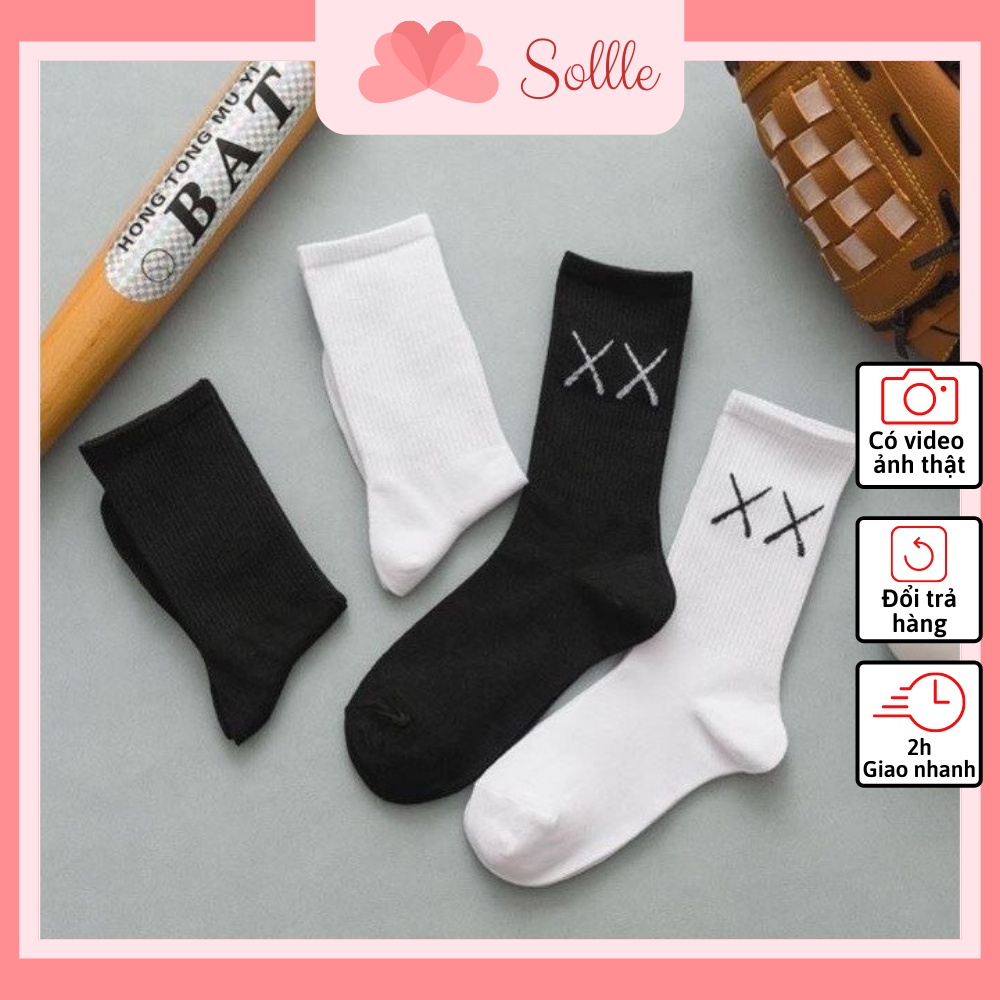 Tất vớ nam nữ cổ cao cổ lửng màu trơn đen trắng basic in chữ XX vải cotton thoáng mát Sollle