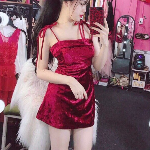 Đầm nhung sang chảnh có mút ngực xinh 2 dây buộc vai dây kéo sau sexy