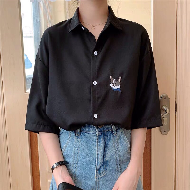 {Order bigsize,S-5xl}Áo sơmi tay lửng thêu hình con cún
