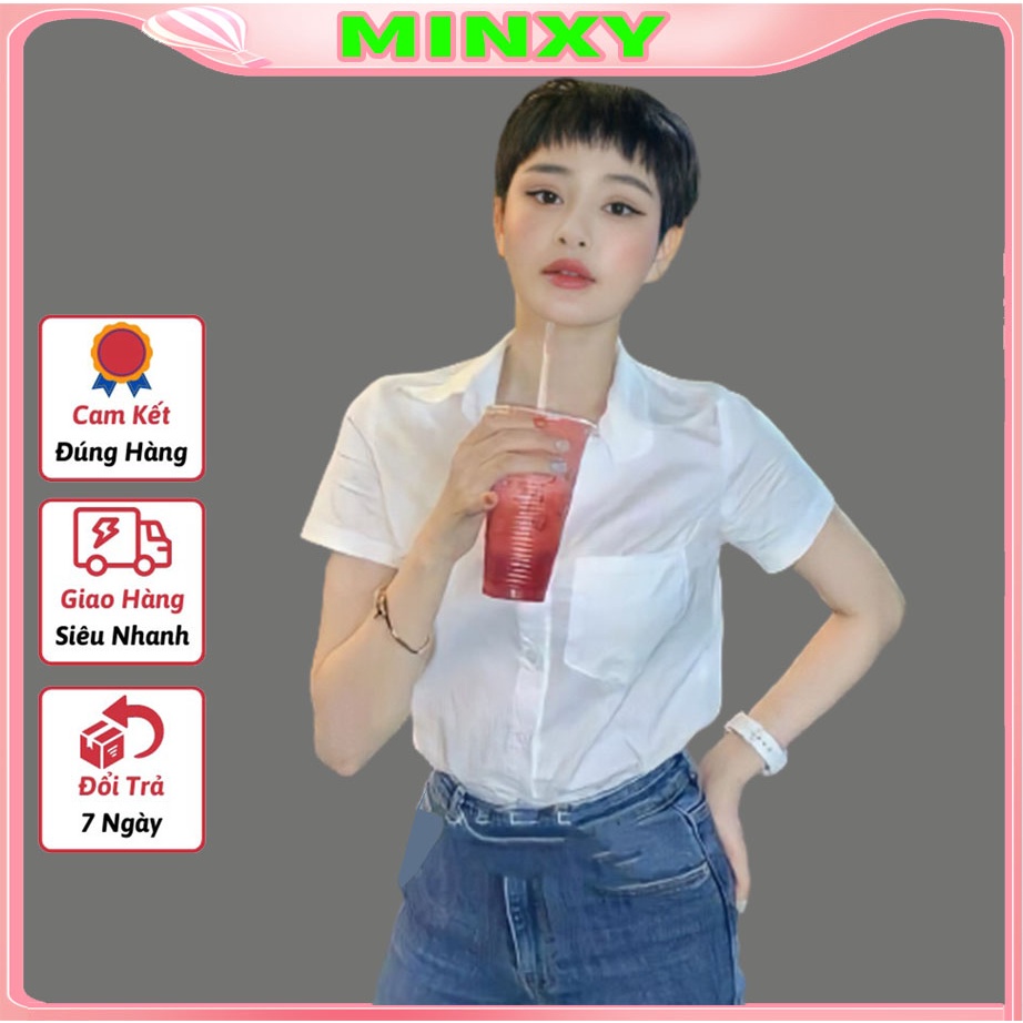 Áo sơ mi nữ gu ngắn tay có túi ngực hottrend màu trắng, áo somi nữ, purato hiền hồ