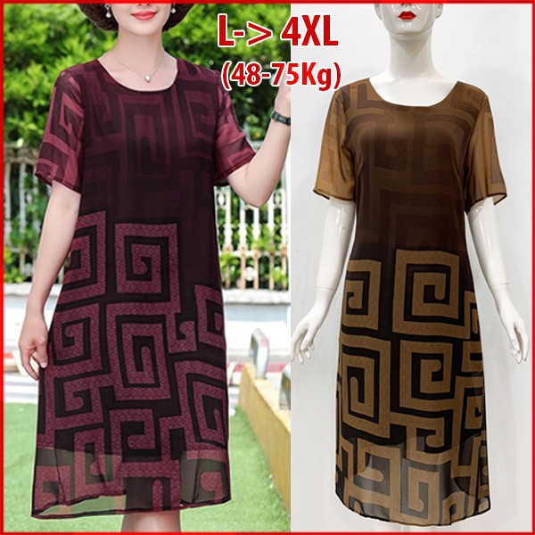 GOTI - Đầm Trung Niên Nữ Cao Cấp Dáng Suông Rộng Chữ A Dài Qua Gối Tay Ngắn Voan 2 Lớp Cho Me U50 U60 GOTI 3280