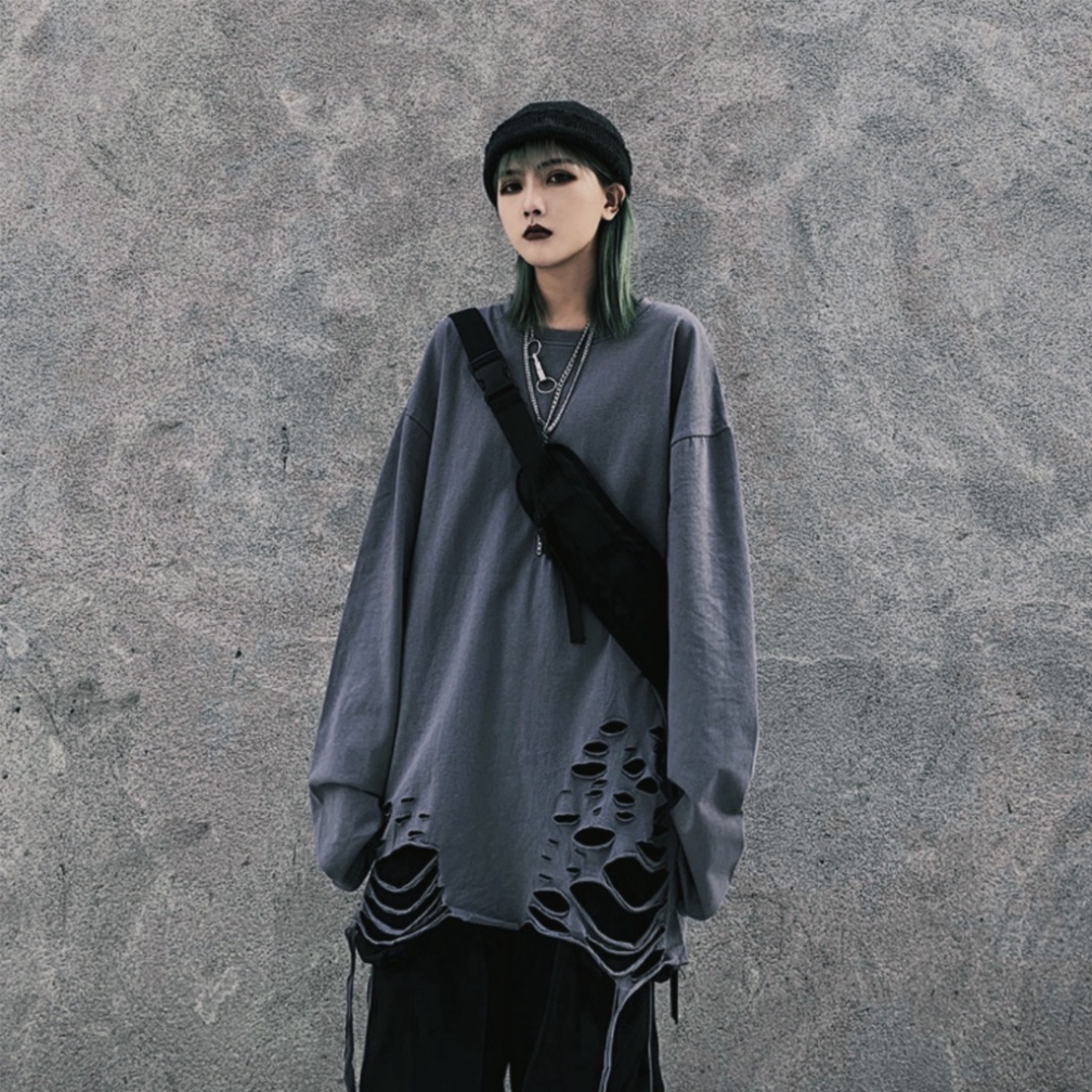 Áo thun dài tay 95% cotton rách gấu tạo layer màu basic hip hop unisex nam nữ