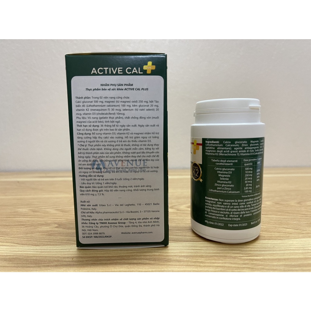 Canxi Ý Active Cal Plus - Cannxi hữu cơ + Vitamin D3 K2 - Hộp 60 viên nang