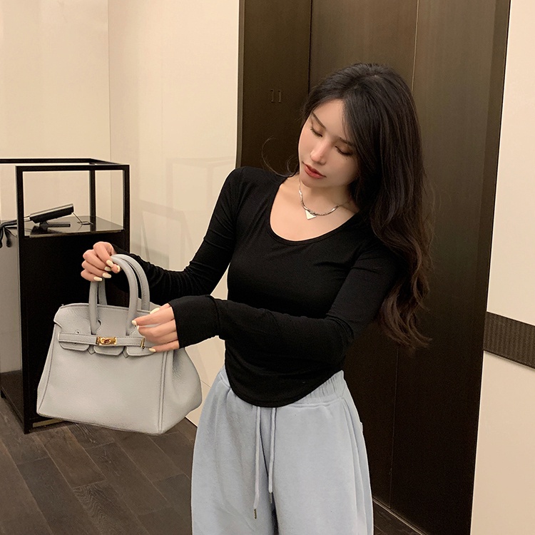 SUXI Áo Thun Tay Dài Cổ Chữ U Màu Sắc Đơn Giản Cho Nữ