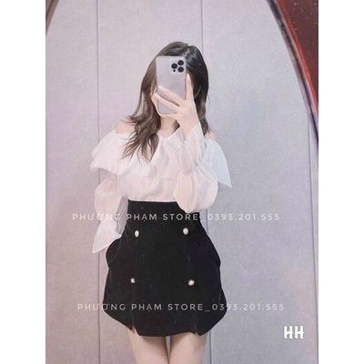 Áo tơ mềm trễ vai tay nhấn bèo