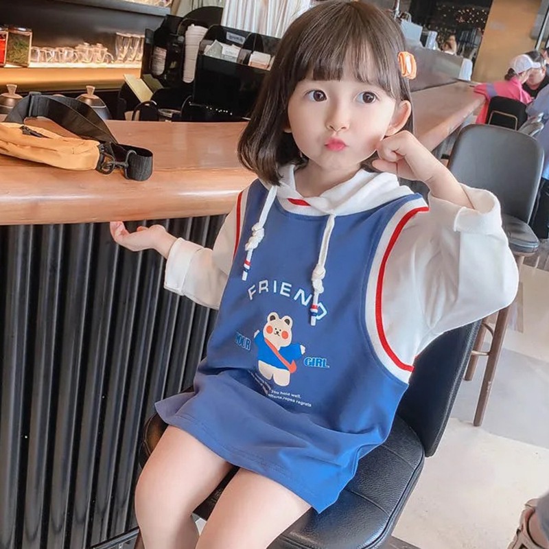 Áo thun có mũ trùm đầu giả hai lớp thời trang cho bé gái