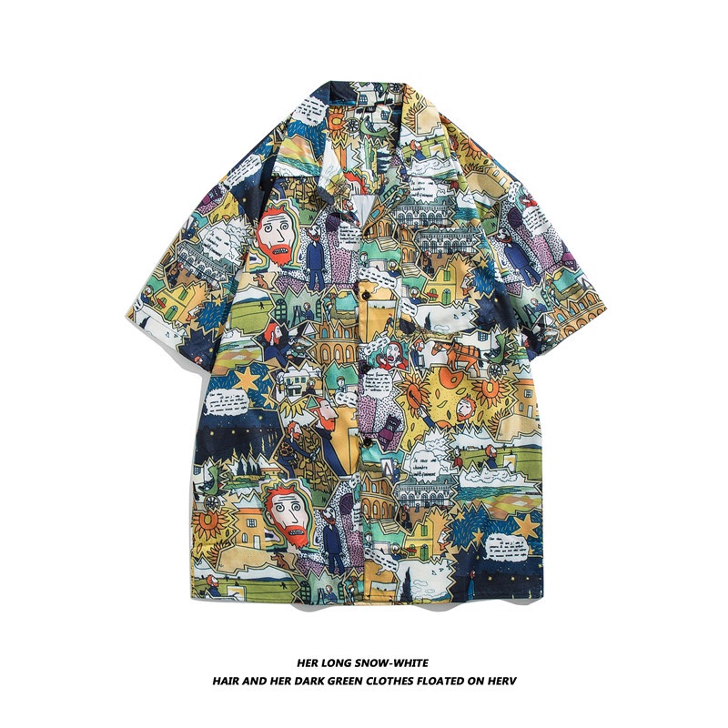 Short Sleeve Shirt With Cartoon Patterns Fashion Dynamic Korean Style For Men