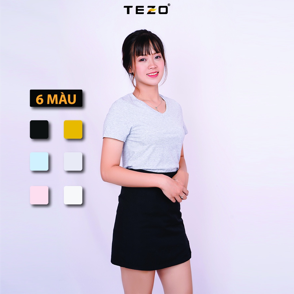 Áo thun nữ TEZO (6 màu) cổ tim, chất liệu cotton thấm hút mồ hôi, body fit, vận động thoải mái, co giãn tốt 2104APKB002