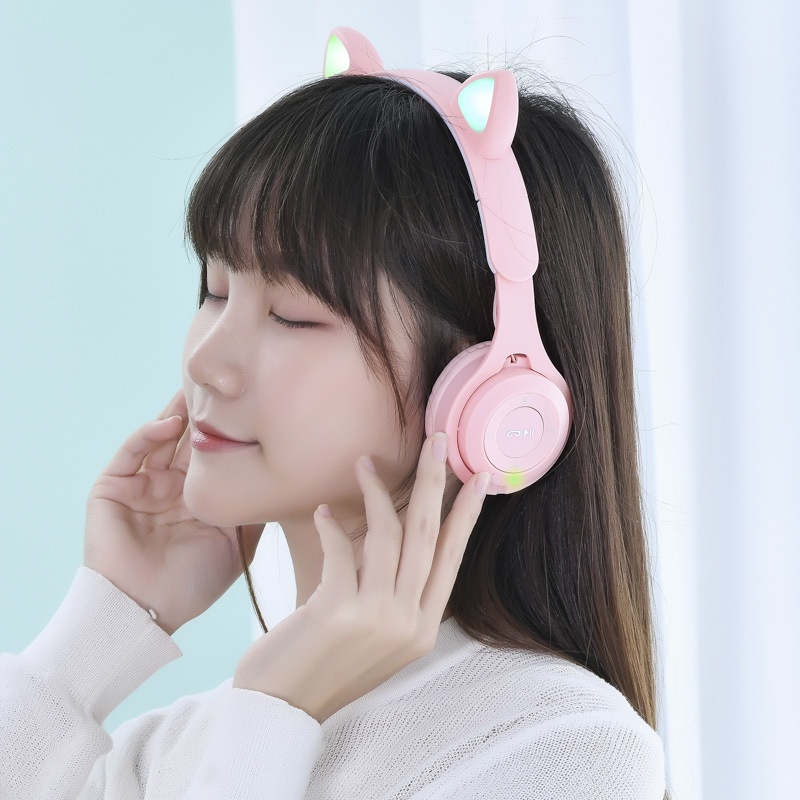 Tai nghe bluetooth chụp tai cute dễ thương Y08, Headphone có đèn led 7 màu nhấp nháy, Tai mèo có thể tắt đèn