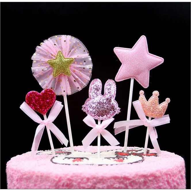 Bộ 5 món tai thỏ vương miện tim sao trang trí bánh sinh nhật, topper cake