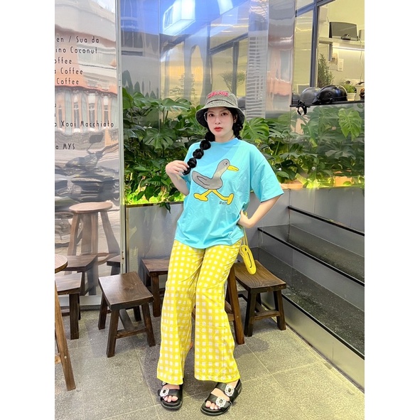 Set Dài Áo Xanh Con Vịt Quần Caro Vàng